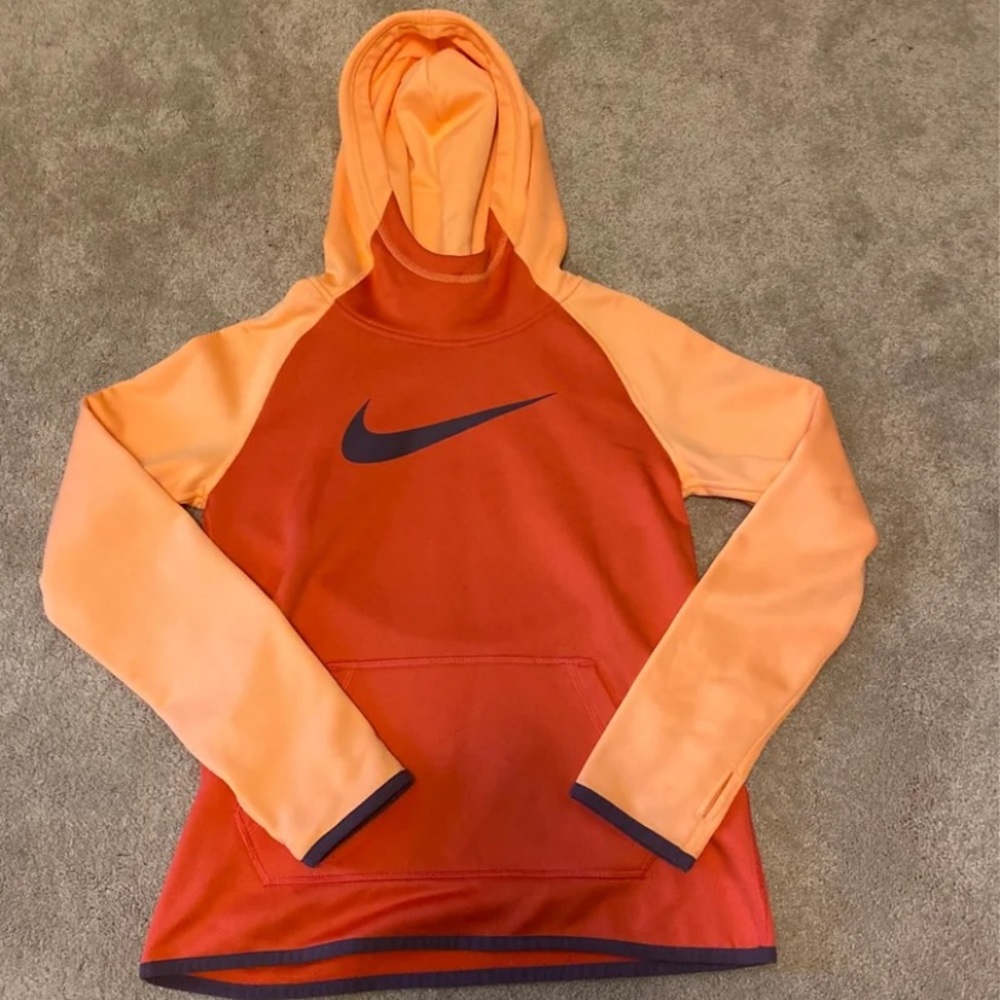 cozy girls coral and peach with grey nike swoosh, nike sweatshirt, size medium